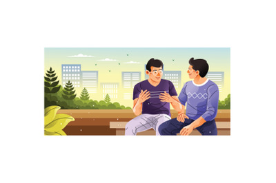 Two People Talking in City Park Illustration