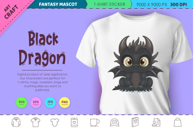 Cartoon black dragon. Fantasy clipart.