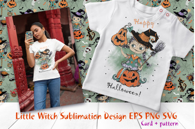 Witch with pumpkins. Design for sublimation. Png Svg Eps