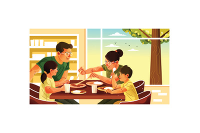 Family Sitting Around Dining Table Illustration