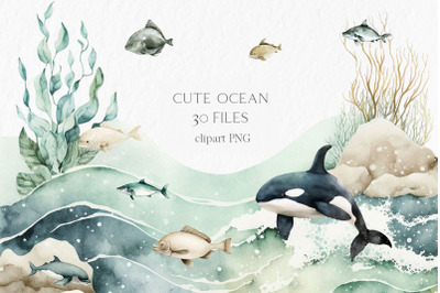 Cute ocean Watercolor Clipart PNG