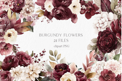 Burgundy and blush flowers Watercolor Clipart PNG