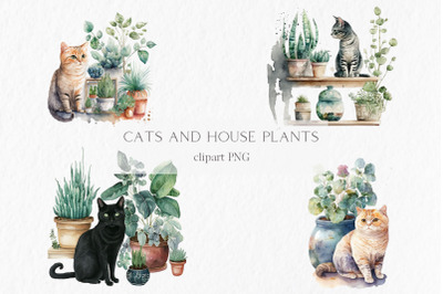 Cats and house plants Watercolor Clipart PNG