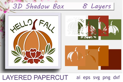 Fall shadow box svg, 3d papercut pumpkin, Hello fall layered