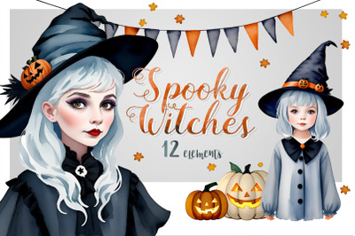 Spooky witches - halloween watercolor illustration set