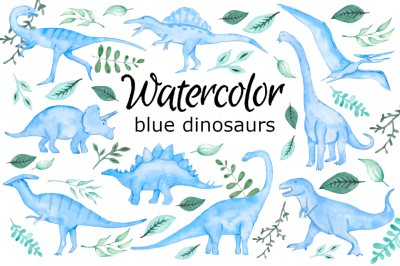 Blue dinosaurs watercolor clipart