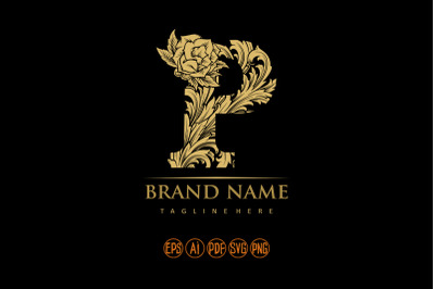 Flourish style elegant gold engraved P monogram letter logo