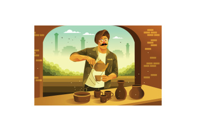 Indian Man Making Masala Chai Tea Illustration