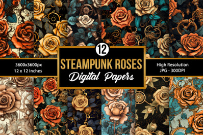 Steampunk Roses Flower Digital Paper Patterns