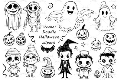 Doodle Halloween Cute Monsters &amp;amp; Ghosts Vector Clipart: svg, eps, png,