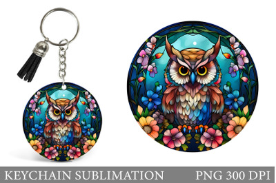 Stained Glass Owl Keychain. Owl Flowers Round Keychain