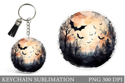 Bat Silhouette Round Keychain. Halloween Keychain Design