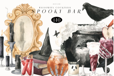 Spooky Bar Halloween Cocktails Watercolor Fall Clipart