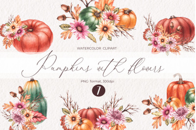 Watercolor pumpkins with flowers PNG