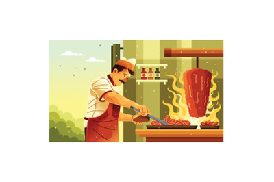 Man Cooking Meat Doner Kebab
