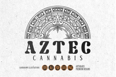 Ornamental aztec half mandala cannabis leaf illustrations monochrome