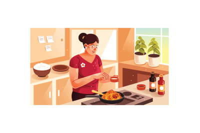 Mother Cooking a Pasta Illustration