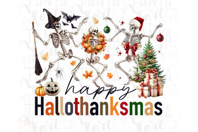 Happy Hallothanksmas PNG, Dancing Skeletons &amp; Seasonal Designs for Shi