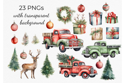 Watercolor Retro Christmas trucks, gifts, trees and balls clipart PNG.