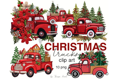 Red Christmas Trucks Clipart | Imitation Embroidery