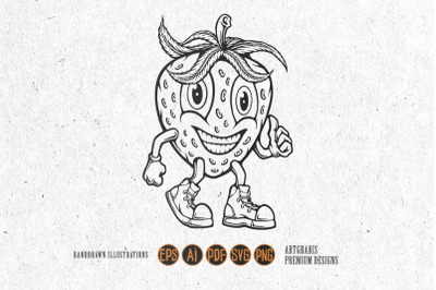 Funny whimsical strawberry fruit character illustrations monochrome