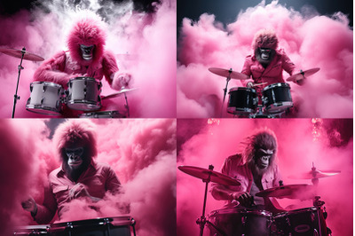 a giant pink furry ape playing the drums