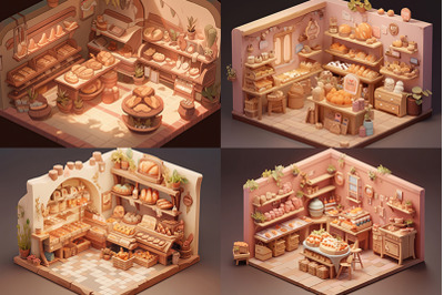 cute 3D isometric view of an artisan bakery