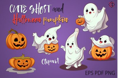 Cute ghost and Halloween pumpkins. Clipart.
