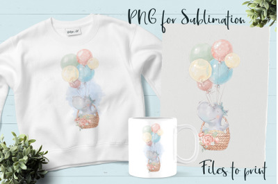 Cute Hippo sublimation. Design for printing.