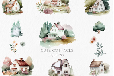 Cute cottages Watercolor Clipart PNG