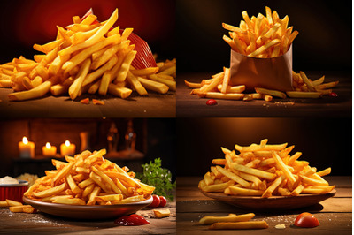 Tasty French fries on wooden table background