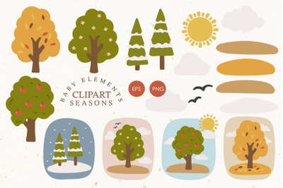 Seasons clipart, Landscape illustration