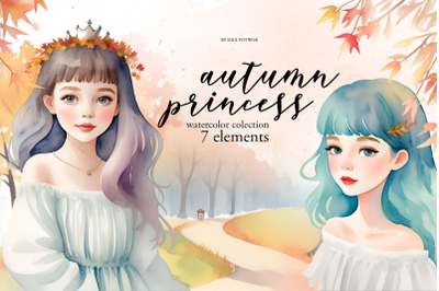 Watercolor Autumn Princess | PNG Clipart bundle | Fall Set