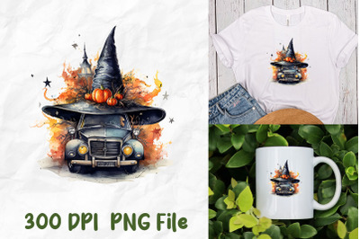 Halloween Pumpkin Witch Hat Vintage Car