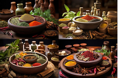 Spices and herbs in wooden bowl adorn table