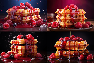Stacked Belgian Waffle with Berry Syrup Drizzle