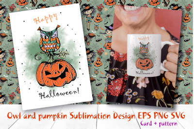 Owl and pumpkin. Halloween design.