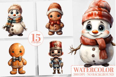 15 Christmas Watercolor Clipart: Gingerbread, Snowman, Nutcracker