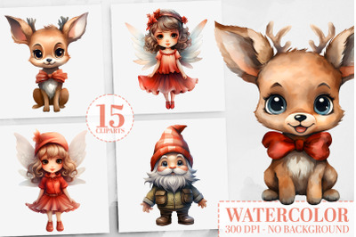 Christmas Watercolor Clipart: Reindeer, Gnomes, Fairies PNG