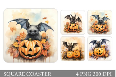 Bat Pumpkin Square Coaster. Halloween Bat Coaster Design