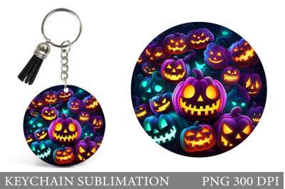 Neon Scary Pumpkin Keychain. Halloween Round Keychain Design