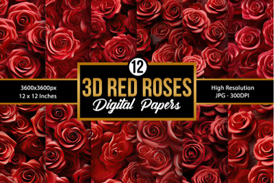 Red 3D Roses Seamless Patterns, Floral Digital Papers