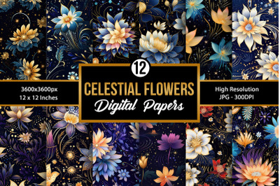 Celestial Flowers Seamless Pattern Digital Papers