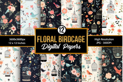 Cute Floral Birdcage Seamless Pattern Digital Papers
