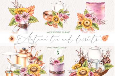 Watercolor autumn bouquets with tea and desserts PNG