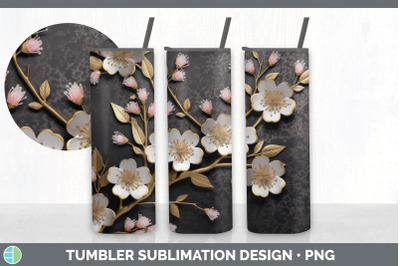 3D Gold Cherry Blossom Flowers Tumbler | Sublimation 20 oz Skinny Tumb
