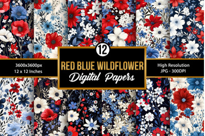 Red &amp; Blue Wildflowers Digital Paper Patterns