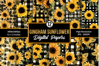 Gingham Sunflowers Pattern Digital Papers