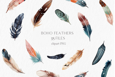 Boho feather Watercolor Clipart PNG
