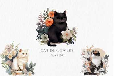Cat in flowers Watercolor Clipart PNG